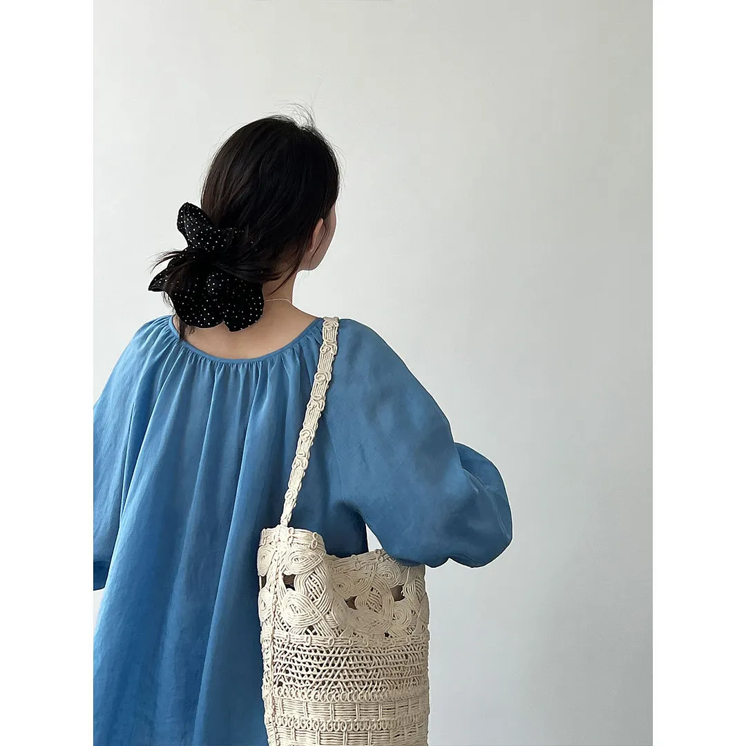 Women's Linen Gathered U Neck Bubble Sleeve Drawstring Loose Blouse