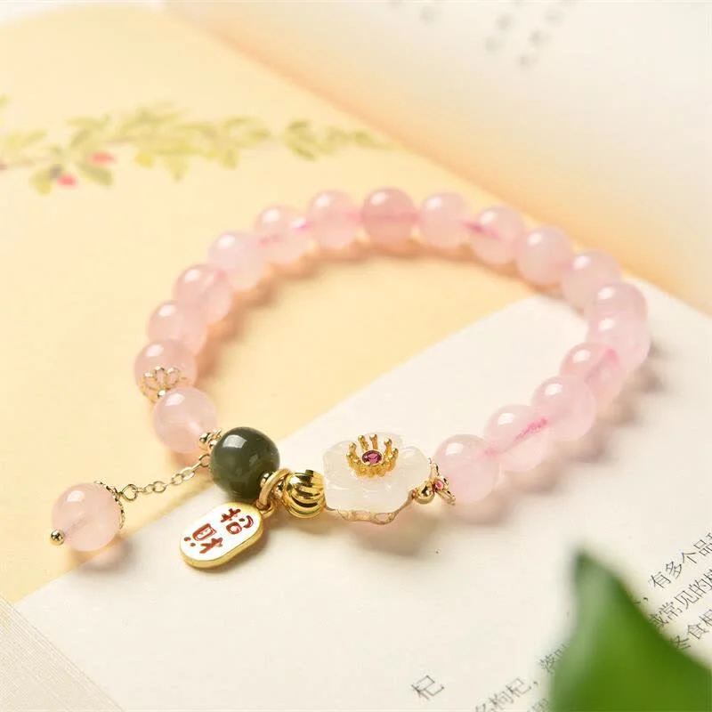 Natural Pink Crystal Jade Flower Charm Bracelet
