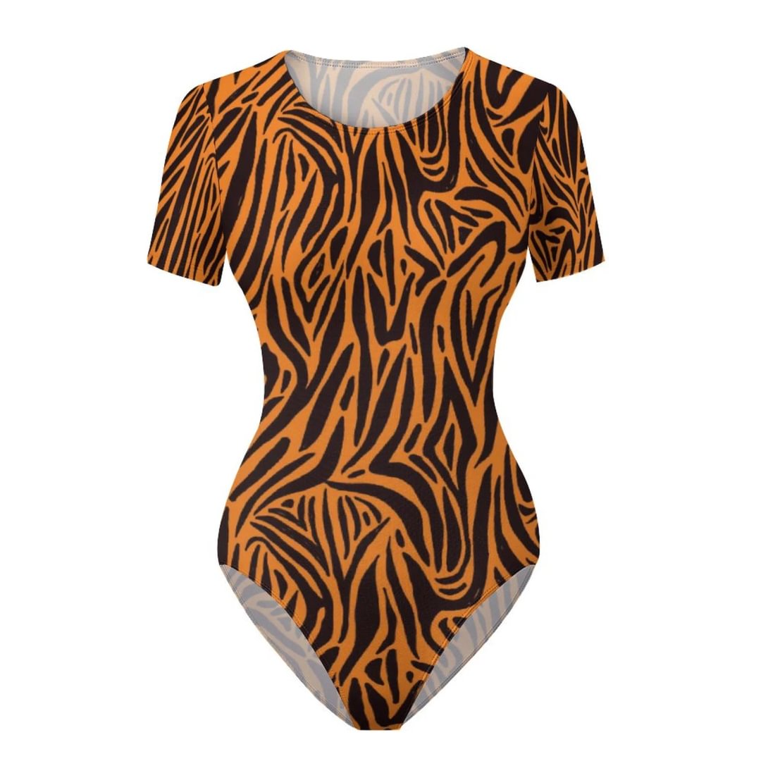 Orange Zebra Bodysuit Women's Crew Neck Round Neck Short Sleeves Slim Fit Casual Basic Extender Bodysuit Daily Jumpsuit T-Shirts