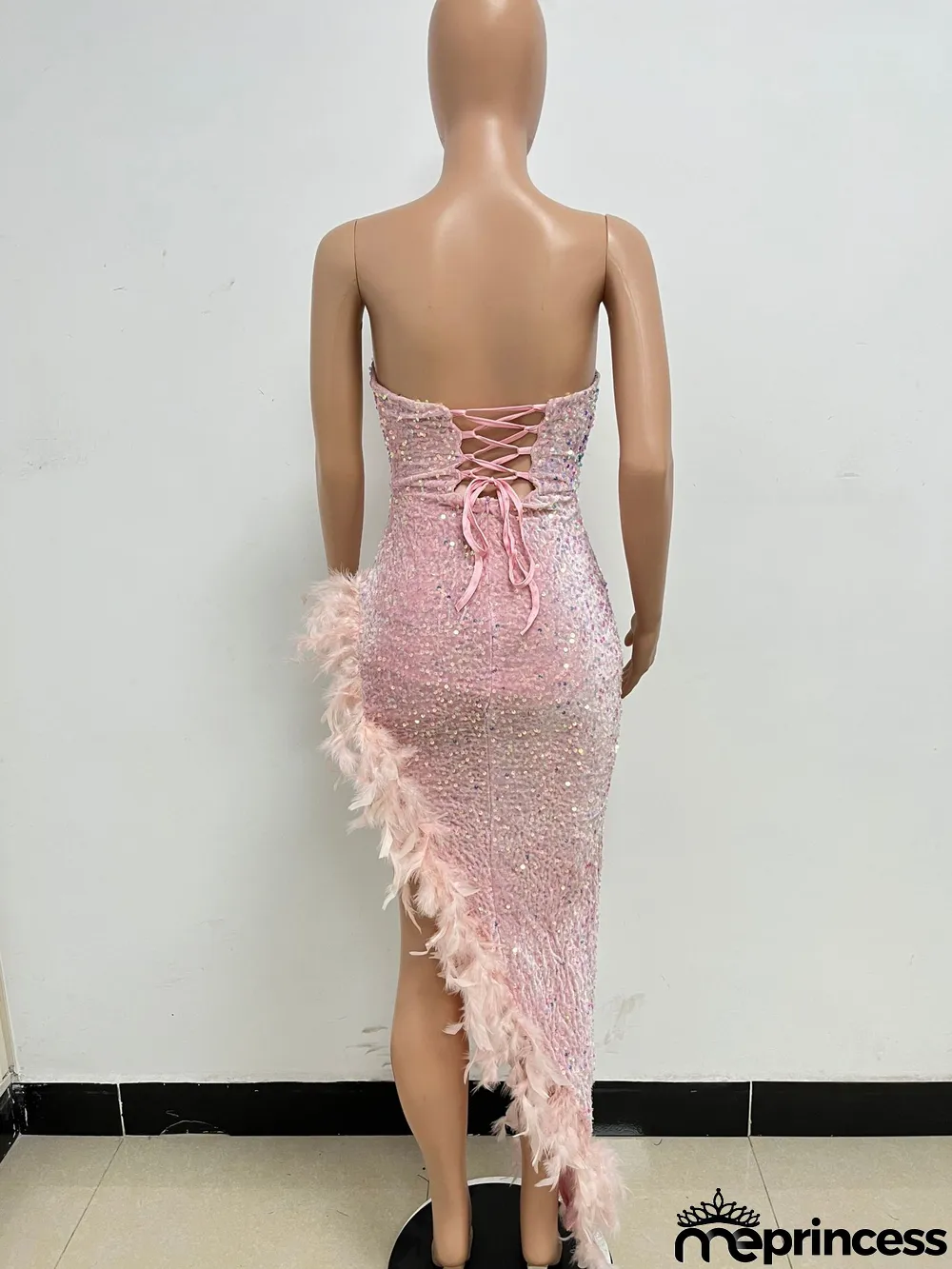 Women Sexy Off Shoulder Backless Sequin Feather Dress