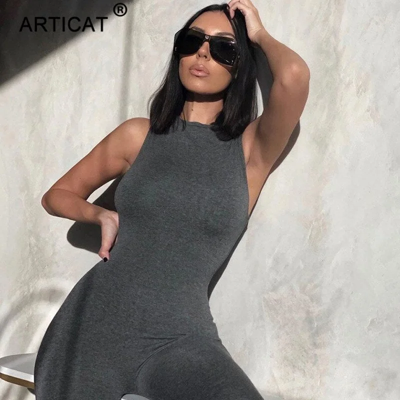 Articat Mock Collar Sleeveless Skinny Jumpsuit Women 2020 Summer Casual Bodycon Rompers Ladies Streetwear Bodysuit Clothes