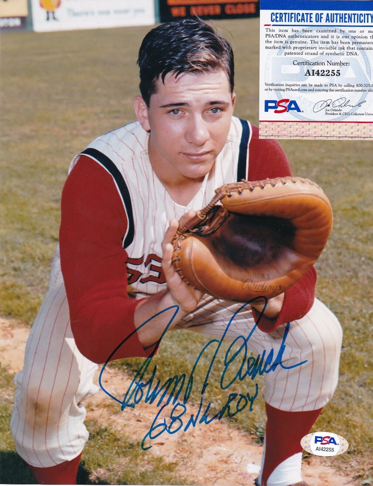 JOHNNY BENCH CINCINNATI REDS 68 NL ROY PSA AUTHENTICATED ACTION SIGNED 8X10