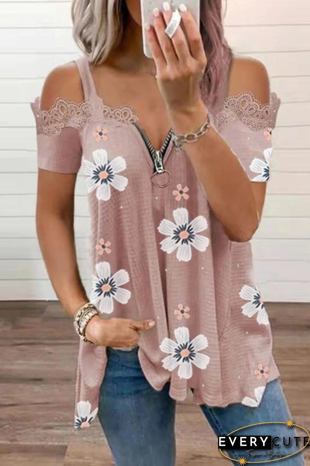 Pink Floral Print Lace Contrast Zipped Cold Shoulder T Shirt