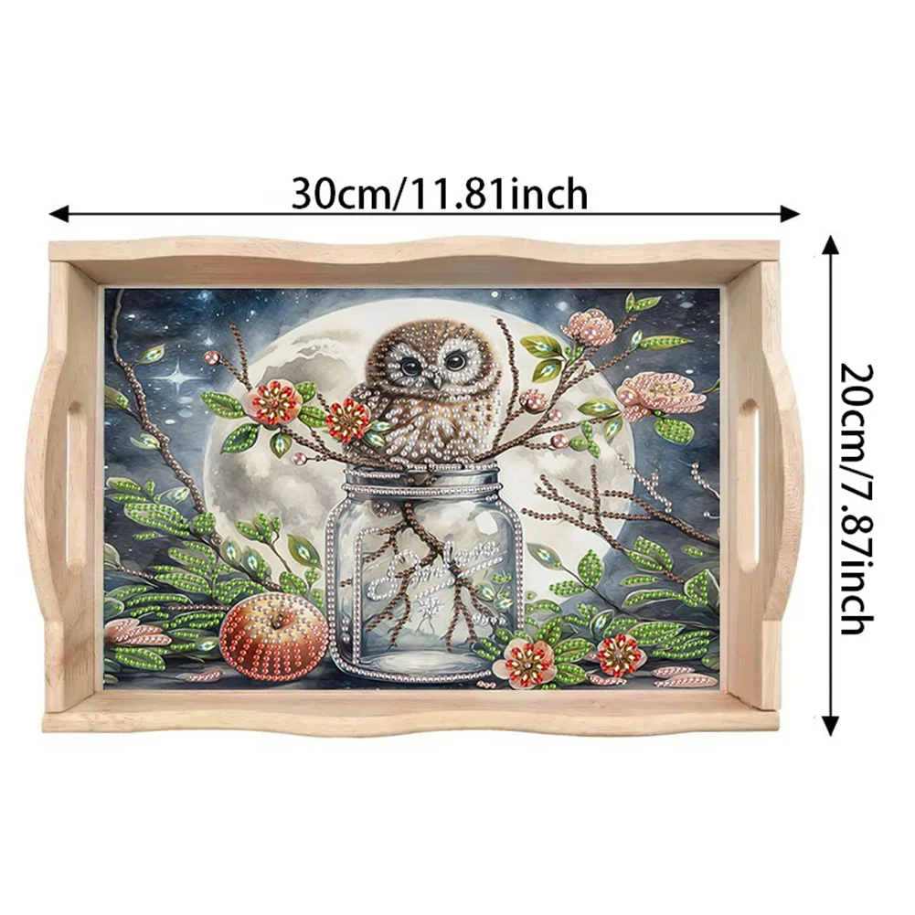 DIY Wooden Moon Vase Owl Diamond Decorative Serving Tray with Handle for Home(30*20cm)