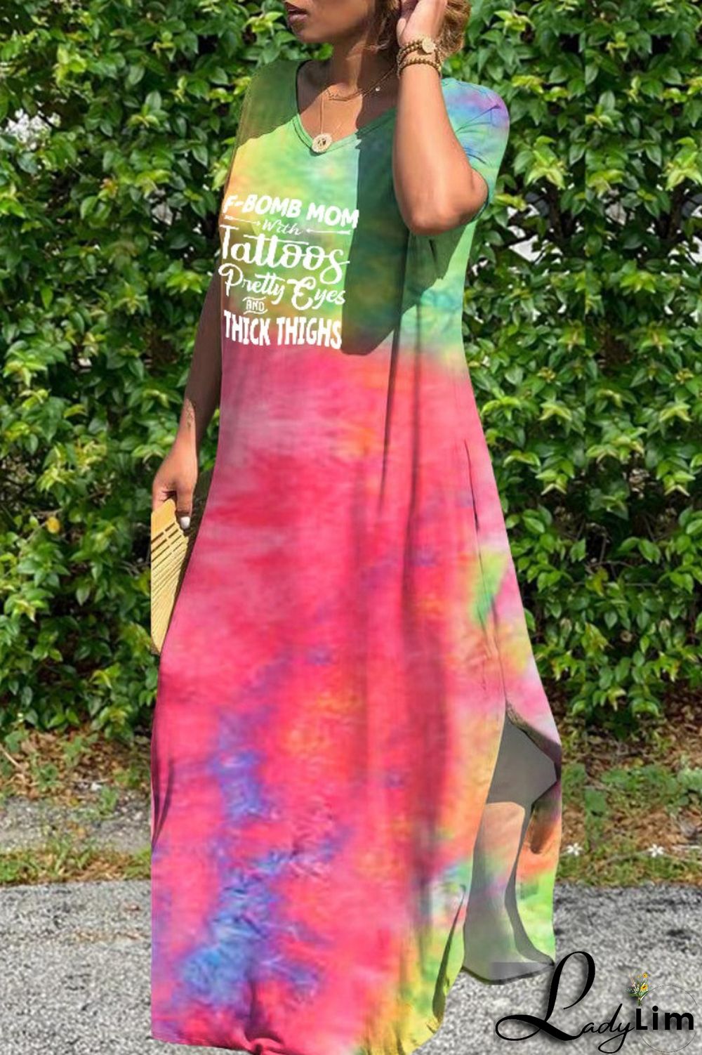 Pink Casual Letter Print Tie-dye V Neck Short Sleeve Dress Dresses