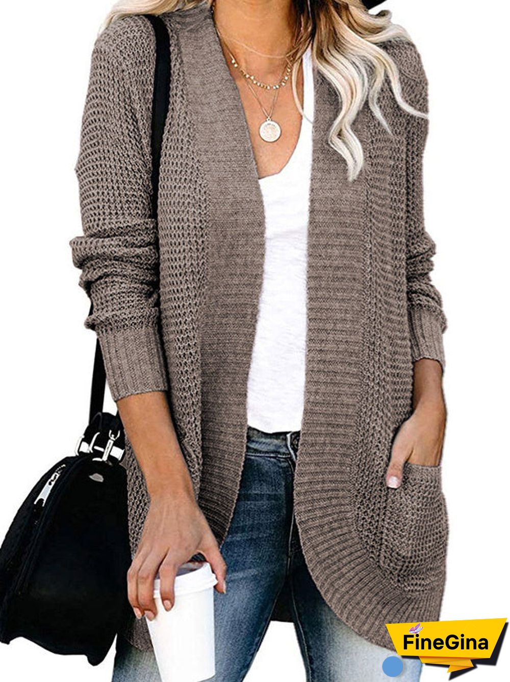 Women's Waffle Solid Color Stitching V-neck Long Sleeve Coat