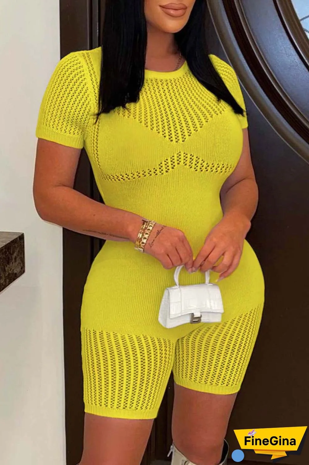 Rose Red Casual Solid Basic O Neck Short Sleeve Skinny Romper