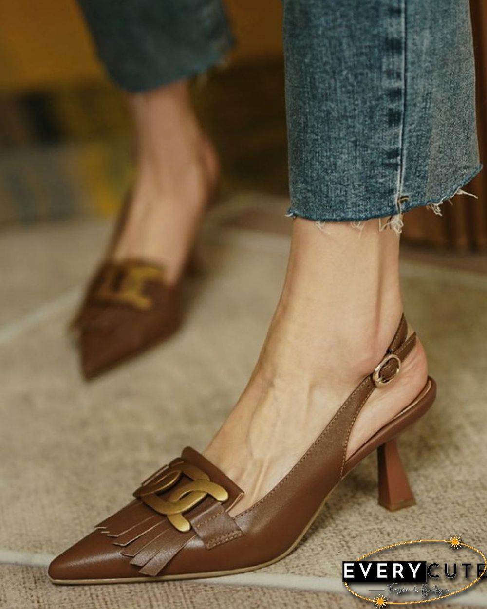 Pointed-toe Solid Color Splicing Tassel Buckles PU Leather High Heels