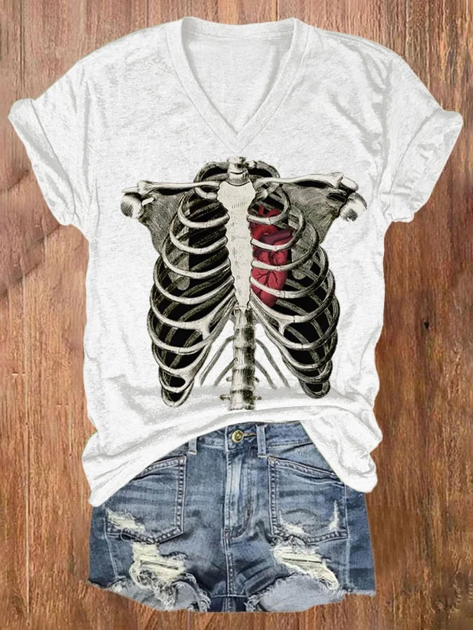 Women's Halloween Skull Print Round Neck Short Sleeve T-Shirt