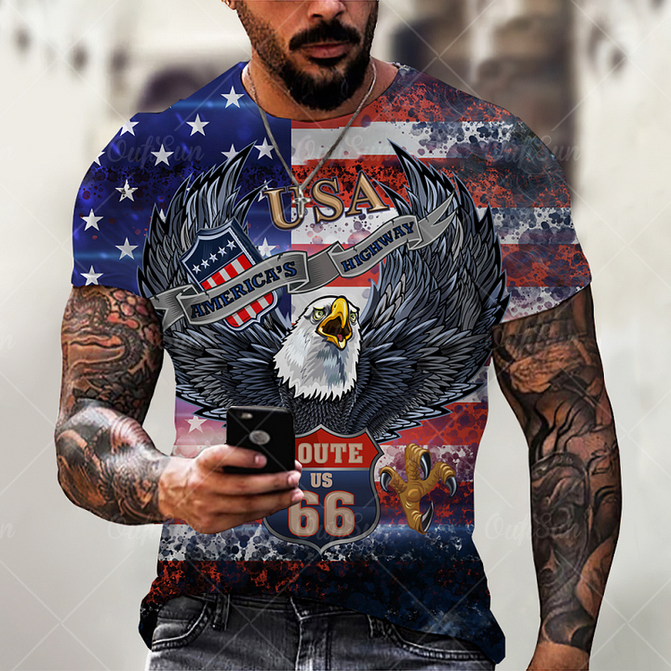 Eagle with American Flag Summer Short Sleeve Men's T-Shirts