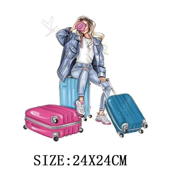Traveling Girls Iron On Transfers For Hoodies DIY Washable Thermal Stickers On T-shirt Funny Design On Clothes Patches Appliqued