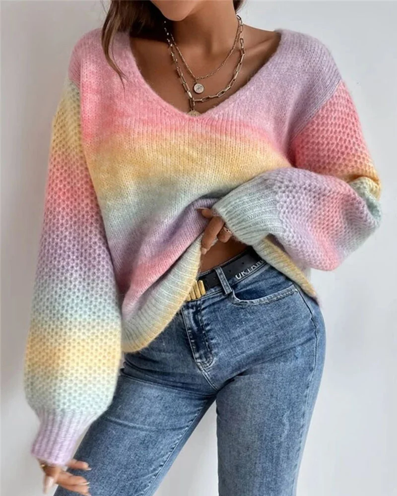 Irregular Gradient Rainbow V-Neck Knit Sweater