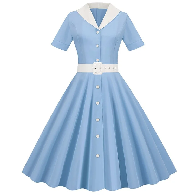 Vintage Turn-down Collar Blue Summer Dress Women Elegant Short Sleeve Solid Office Party Midi Sundres A-line High Waist Vestidos