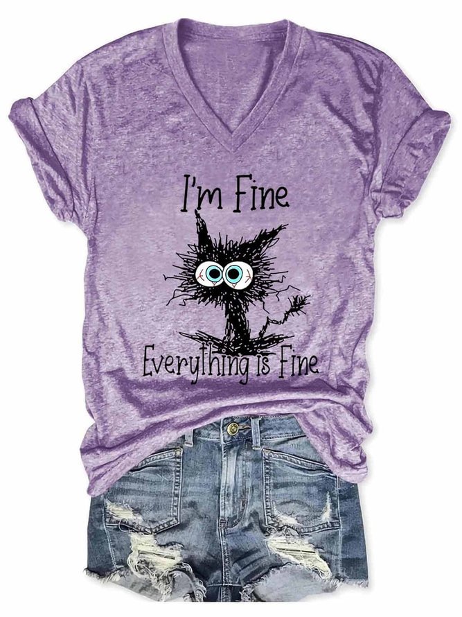 Lilyadress I Am Fine Everything Is Fine Slogan Tshirt Cat Print Tee Casual Top 5 Colors