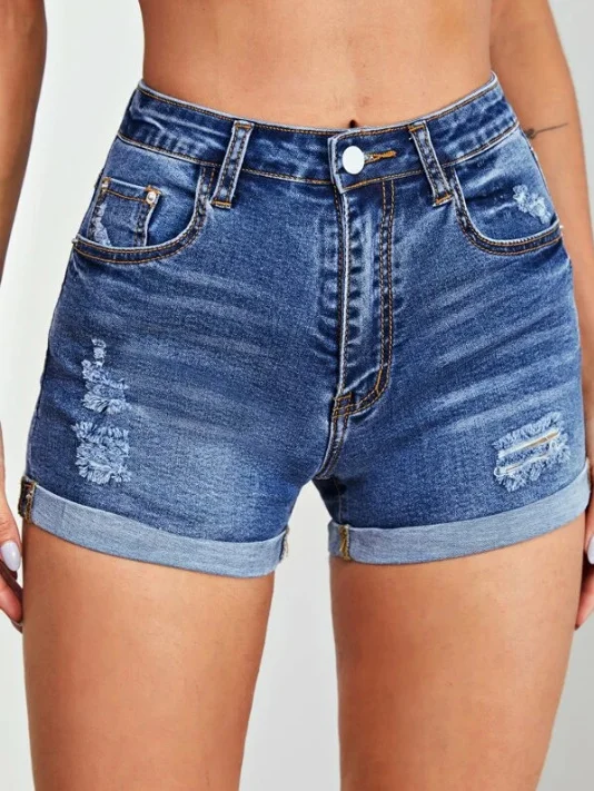 Toloer Broken Hole Flip Edge Stretch Denim Shorts Woman-Outfit Ideas