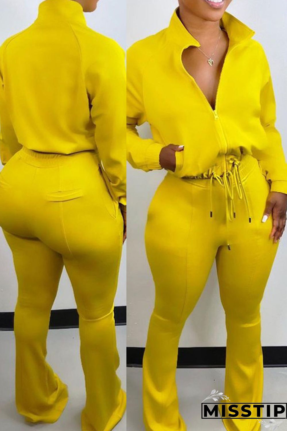 Black Casual Solid Patchwork Draw String Zipper Long Sleeve Two Pieces