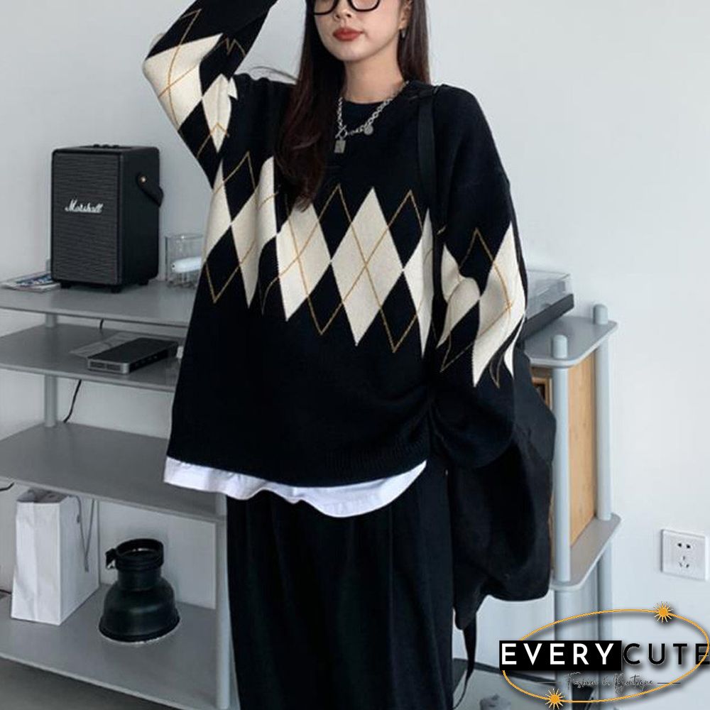 Women Argyle Knitted Sweater Autumn Winter O Neck Oversized Pullovers Korean Preppy Style Loose Jumper Female Sweaters