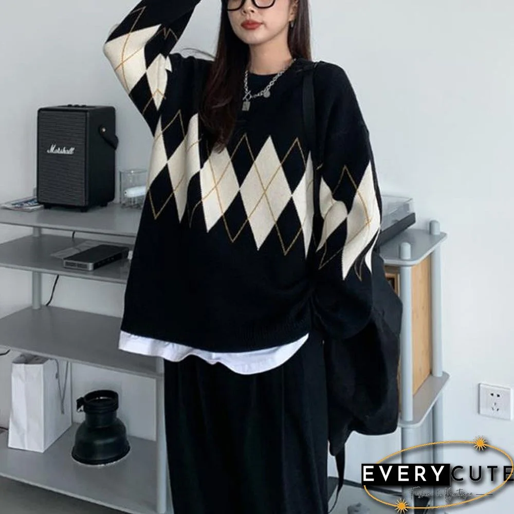 Women Argyle Knitted Sweater Autumn Winter O Neck Oversized Pullovers Korean Preppy Style Loose Jumper Female Sweaters