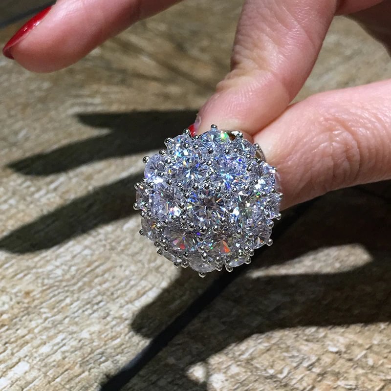Iced Out Flower Big Zircon Stone Silver Ring for Women Engagement Jewelry-VESSFUL