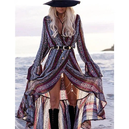 Women Summer Dress Boho Style Women Long Maxi Evening Party Dress Sexy Vintage Floral V Neck High Split Beach Dresses Sundress