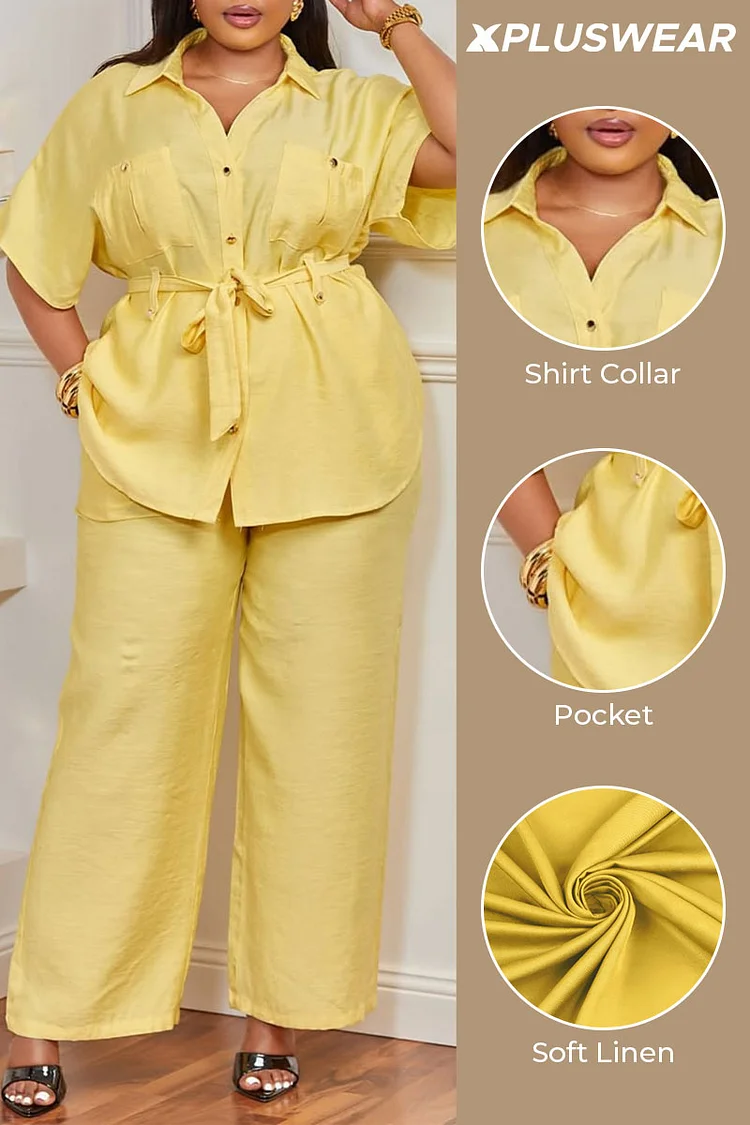 Plus Size Business Casual Casual Yellow Shirt Collar Short Sleeve Pocket Linen Two Piece Pant Sets [Pre-Order]