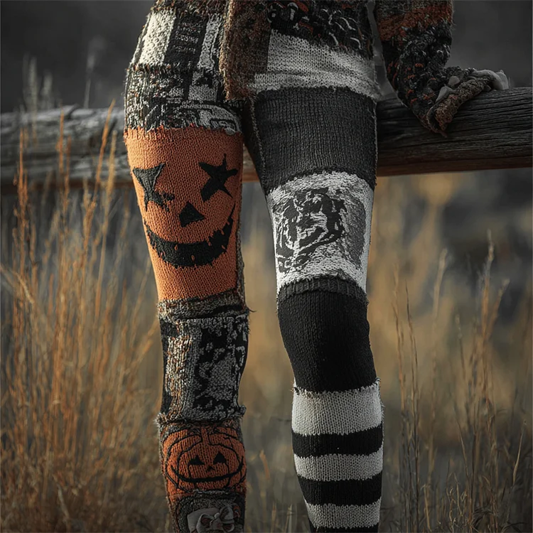 Halloween Pumpkin Face Colorblock Patchwork Cozy Knit Leggings
