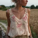 Bohemian Retro Pink Floral Pattern Women's Sleeveless Thin Shoulder Strap Vest - Image 2