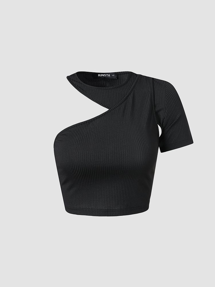 Solid Asymmetrical Cut Out Crew Neck Crop Top