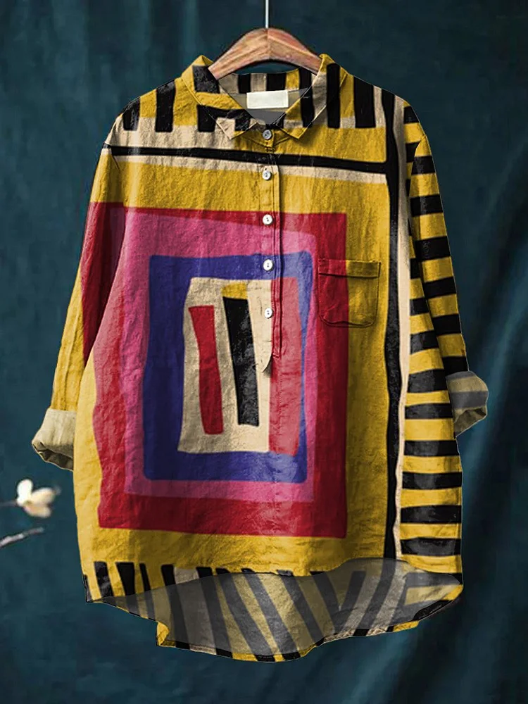 Women's Yellow Color-block Abstract Figure Print Casual Cotton And Linen Shirt