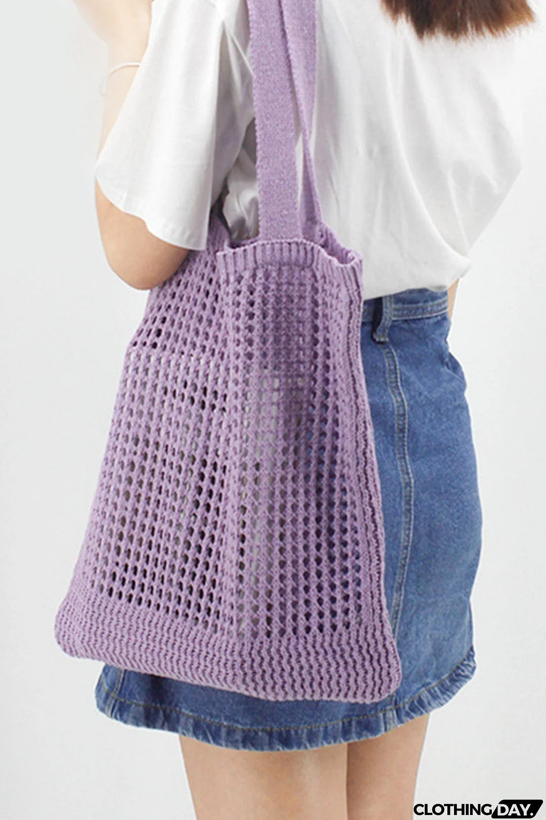Solid Hollow-out Crochet Tote Bag