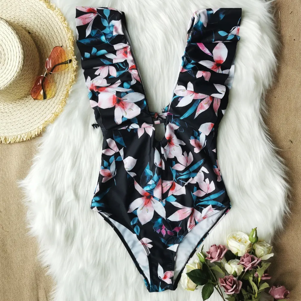 Brownm Printed Flowers Even Lotus Leaf Side Body Swimsuit Women 2025 New Swimsuit Bare Back