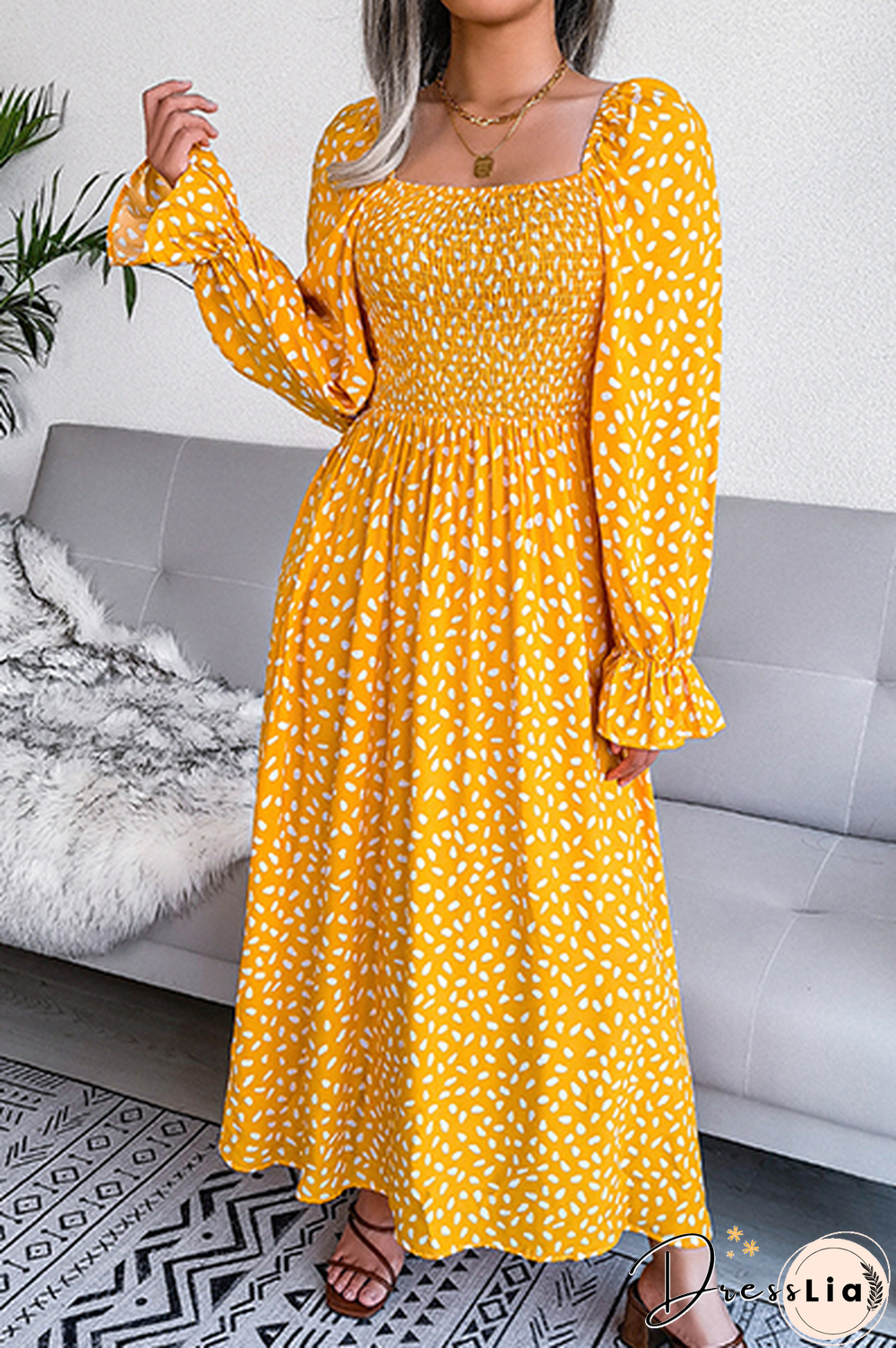Elegant Print Flounce Fold Square Collar Dresses