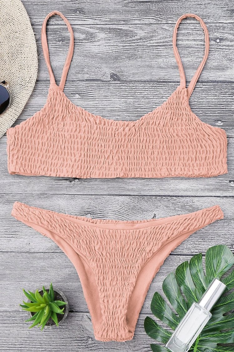 Pink Smocked Scoop Neck High Cut Sexy Cheeky Two Piece Brazilian Bikini Swimsuit - Shop Trendy Women's Clothing | LoverChic