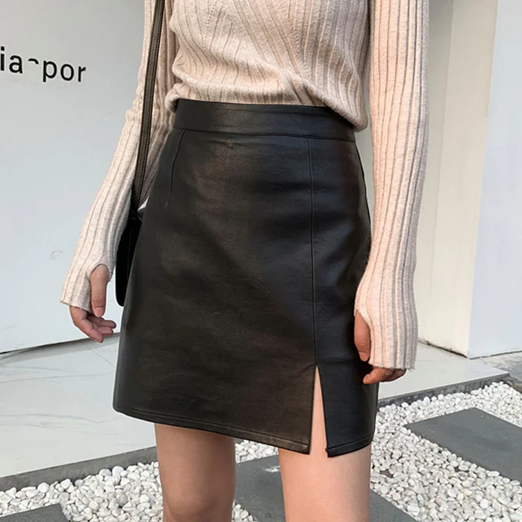 Slit Leather High Waist Slimming Skirt