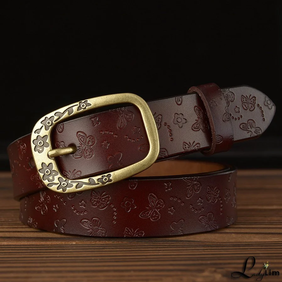 Casual needle buckle leather ladies belt fashion trend embossed real leather belt jeans with women