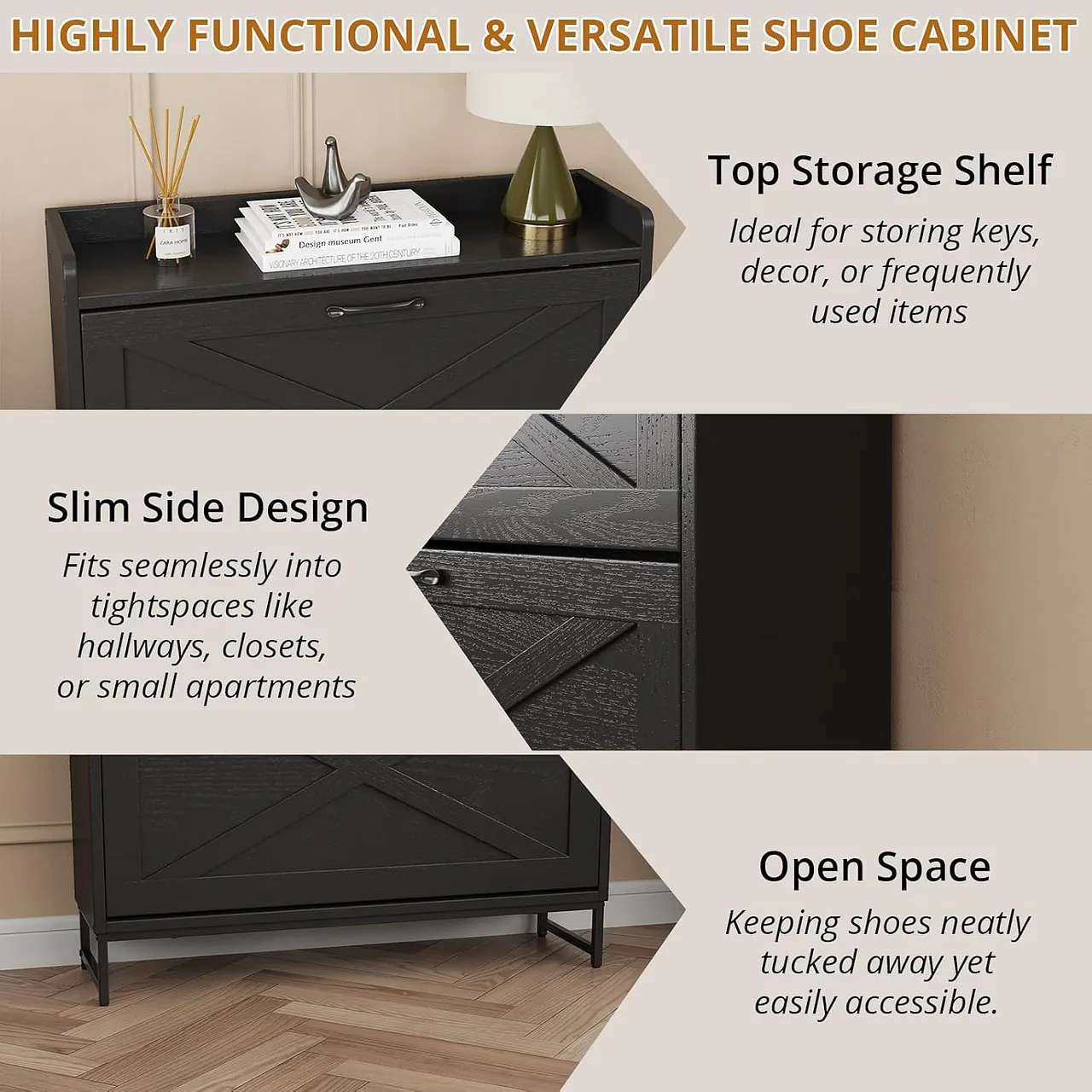 VOWNER Farmhouse Shoe Storage Cabinet with 2 Flip Drawers, Freestanding Organizer with Metal Legs for Entryway, Narrow Shoe Rack Cabinet VOWNER Farmhouse Shoe Storage Cabinet with 2 Flip Drawers, Freestanding Organizer with Metal Legs for Entryway, Narrow Shoe Rack Cabinet