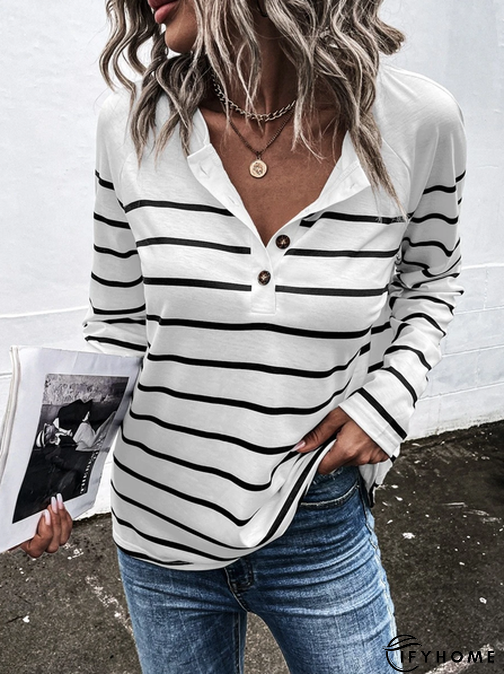 Women Striped Casual Autumn Micro-Elasticity Loose Jersey Best Sell Long sleeve Half Open Collar Tunic T-Shirt | IFYHOME