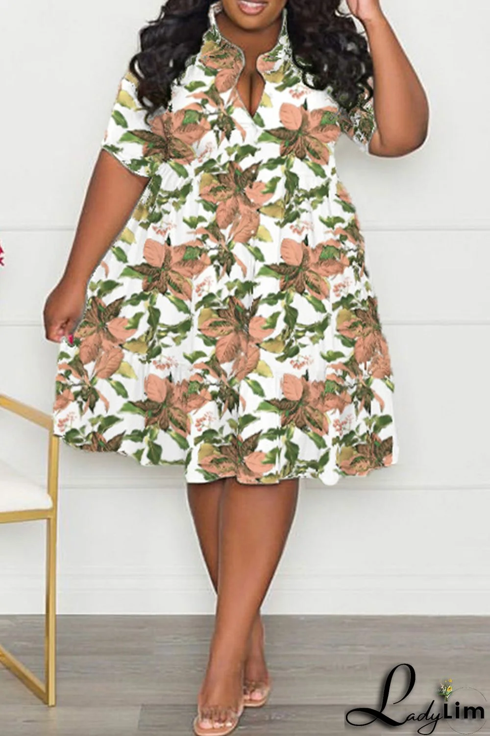 Purple Casual Print Patchwork Fold Turndown Collar A Line Plus Size Dresses