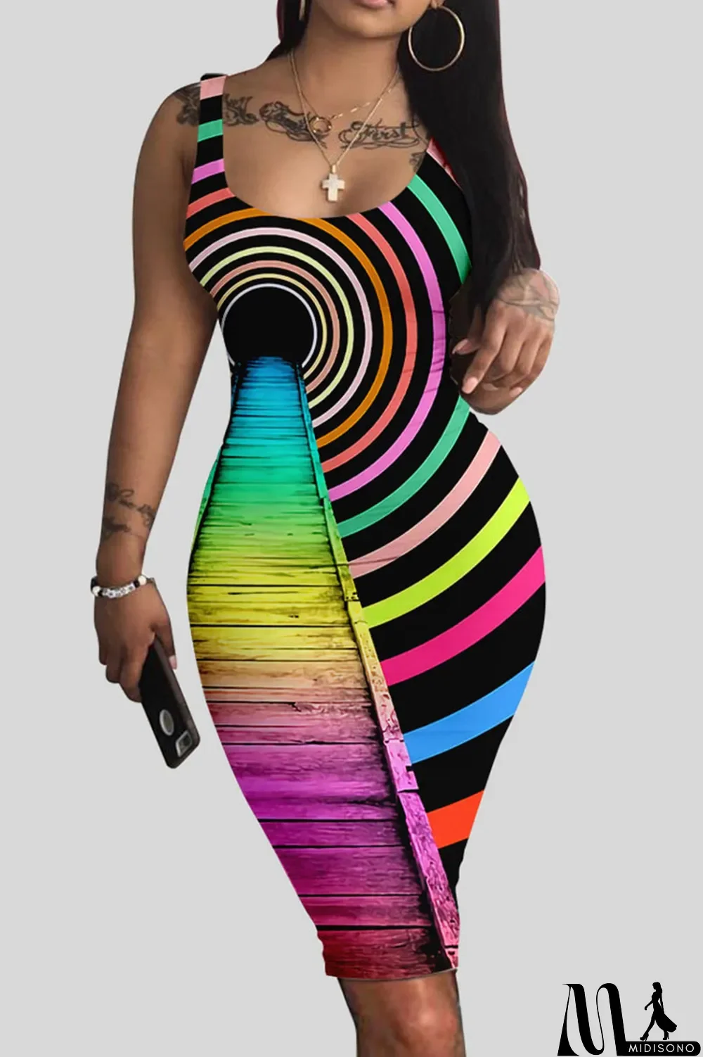 MidiSono - Rose Red Blue Sexy Print Patchwork U Neck Pencil Skirt Dresses