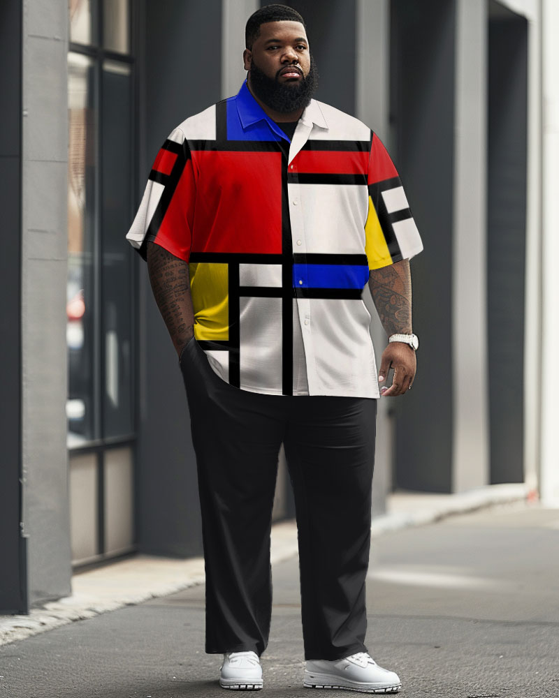 Men's Plus Size Simple Geometric Contrast Print Short Sleeve Shirt Suit