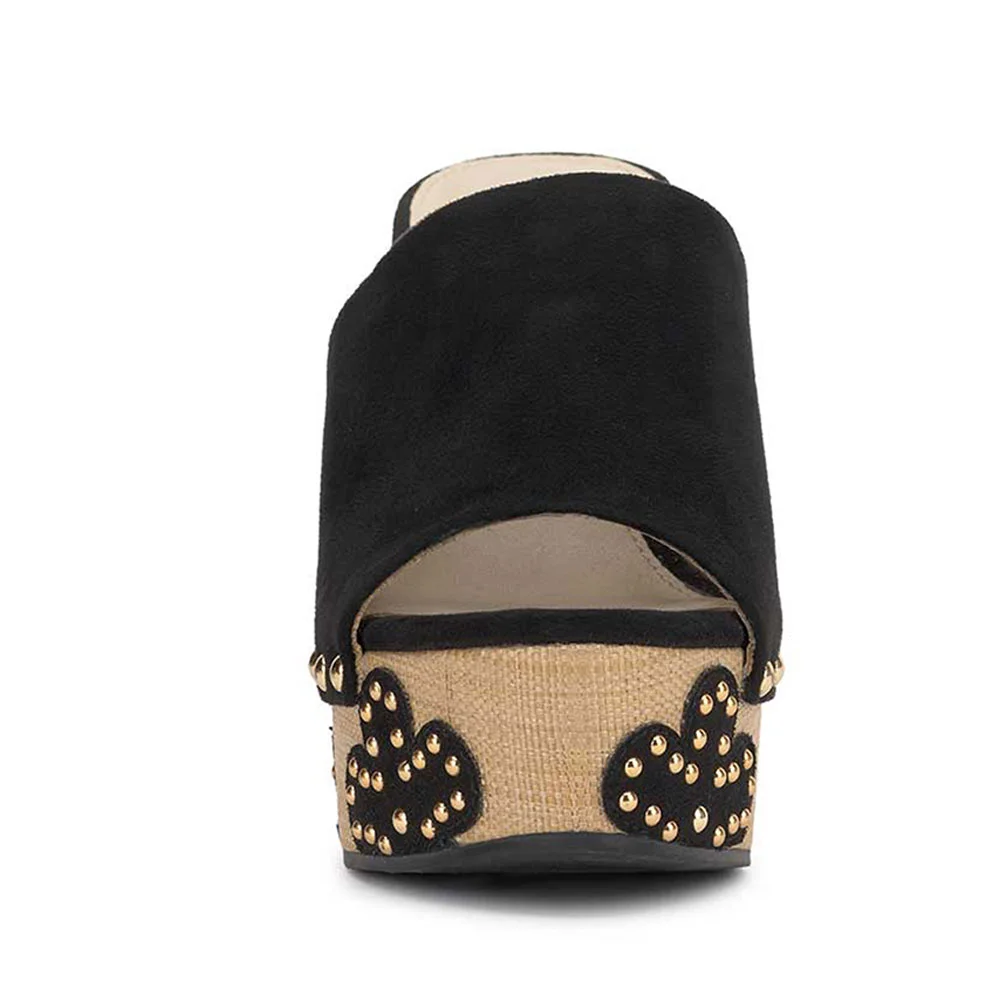 Black Open-Toe Chunky Heel Studded Flower Slides with Platform