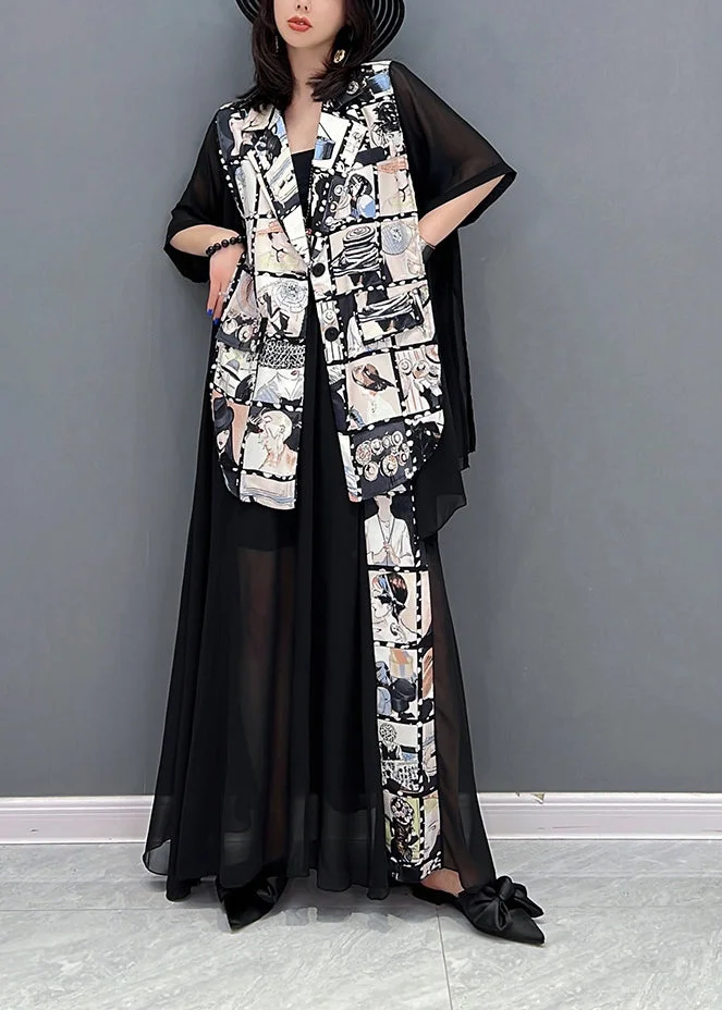 Fashion Black Notched Print Patchwork Chiffon Coats And Skirts Two Pieces Set Fall