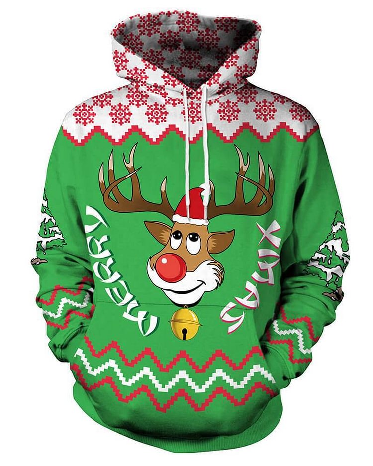 Mayoulove Snowflake Red Nosed Reindeer Rudolf Printed Christmas Pullover Hoodie-Mayoulove