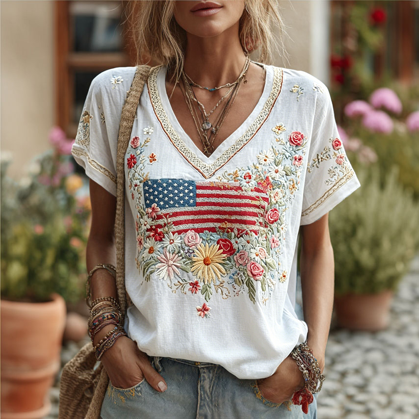  Women's Retro Independence Day Flag Floral Embroidery Cotton Linen T-shirt Westsshops