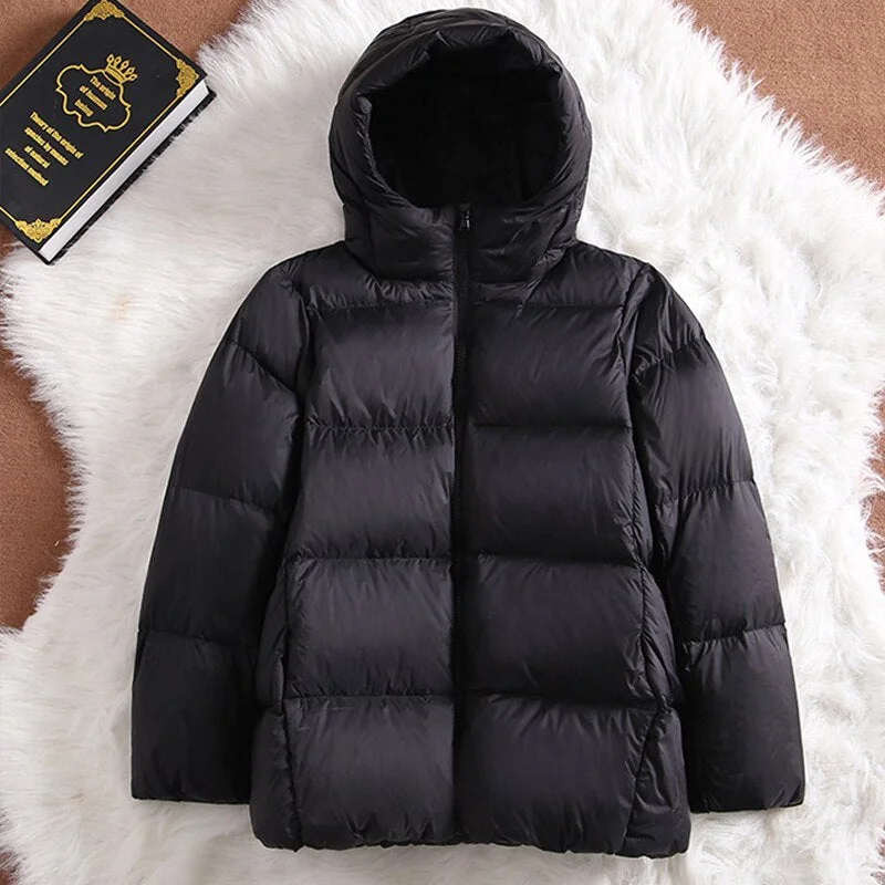 FTLZZ New Ultra Light Hooded Short Jacket Women 90% White Duck Down Coat Casual Windbreak Parkers Lightweight Warm Snow Outwear
