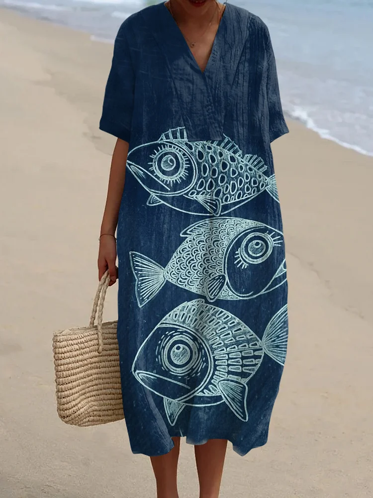 Women's Vintage Fish Art Print Flowy Dress