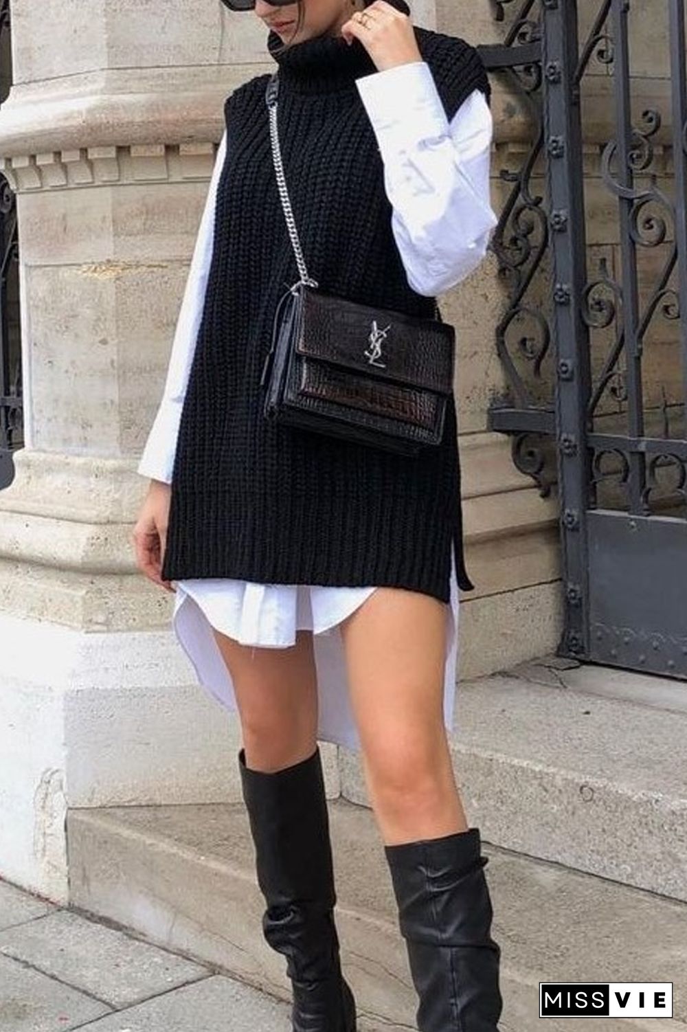 Turndown Collar Sleeveless Casual Sweater