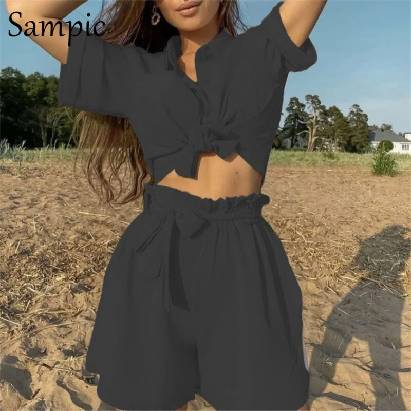 Sampic Khaki Casual Beach Women Summer Tracksuit Shorts Set Short Sleeve Shirt Tops And Loose Mini Shorts Two Piece Set Outfits