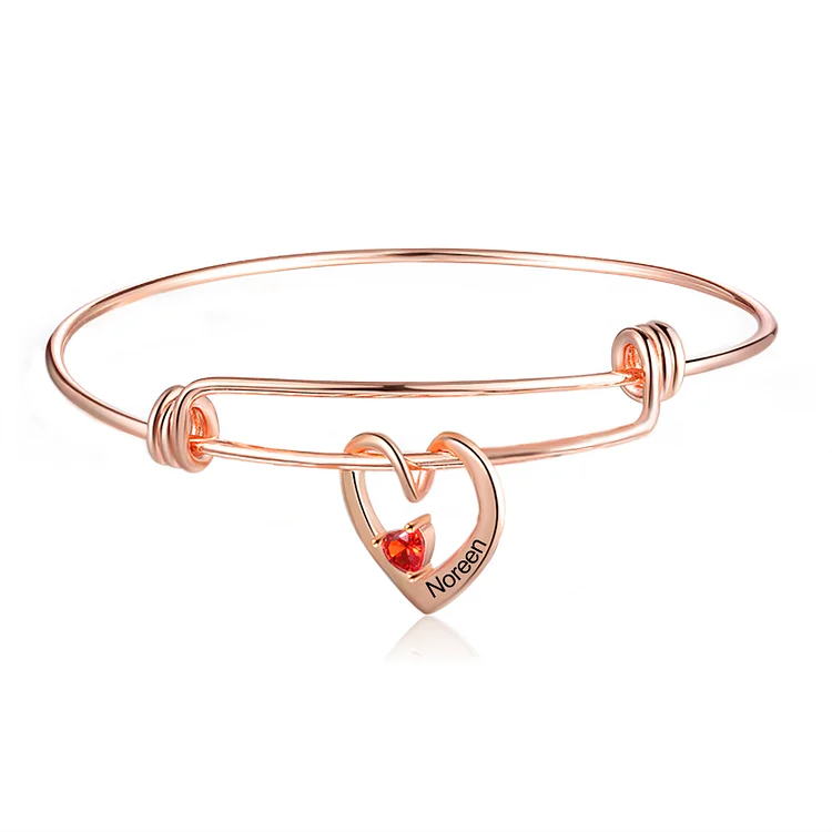 Heart Pendants Bangle Bracelet with 1 Name and Birthstone Gifts for Mom