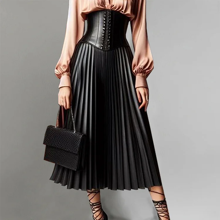 Solid High Rise Corset Pleated Midi Skirt